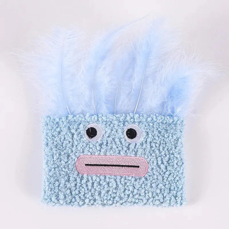 Catnip plush toy with funny explosion head shape and big mouth design in blue, green, orange, or purple colours