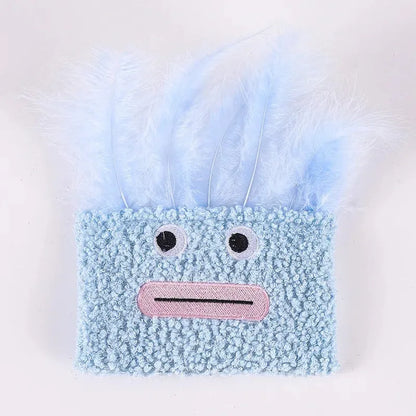 Catnip plush toy with funny explosion head shape and big mouth design in blue, green, orange, or purple colours