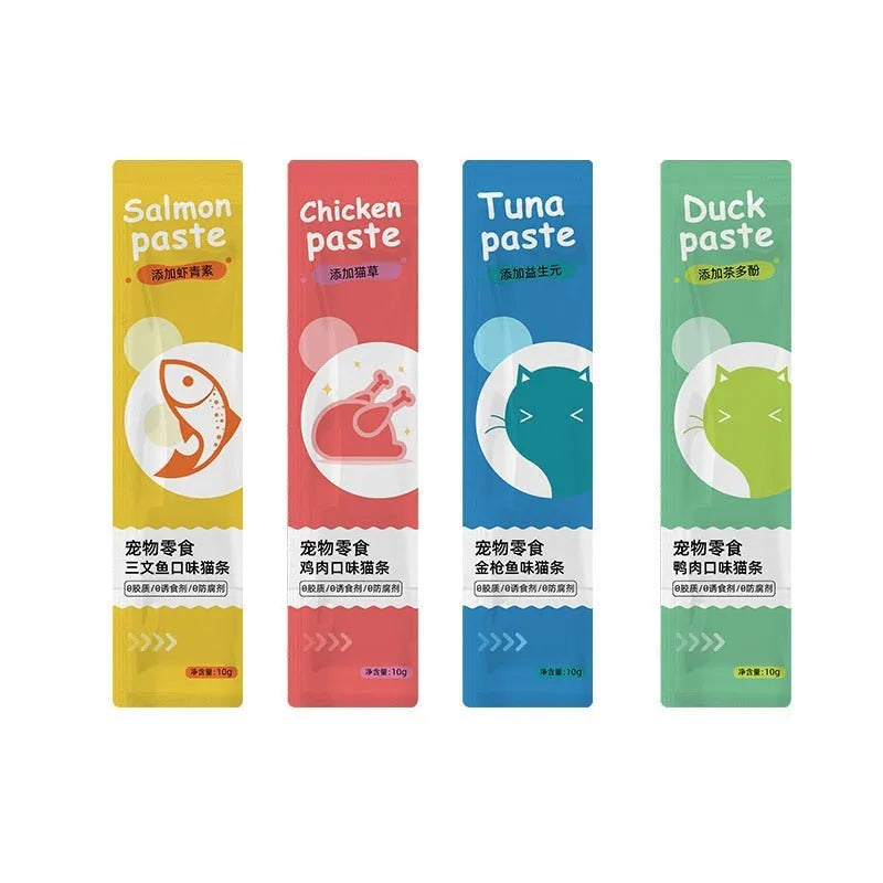Pack of 10 thin cat strip snacks in four flavours for kittens.