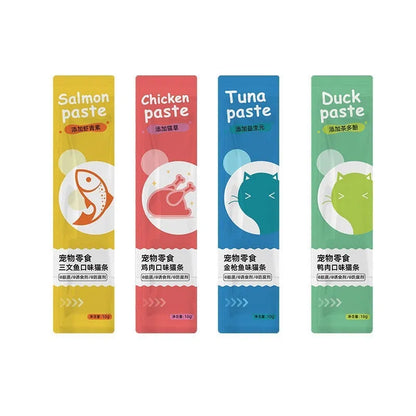 Pack of 10 thin cat strip snacks in four flavours for kittens.