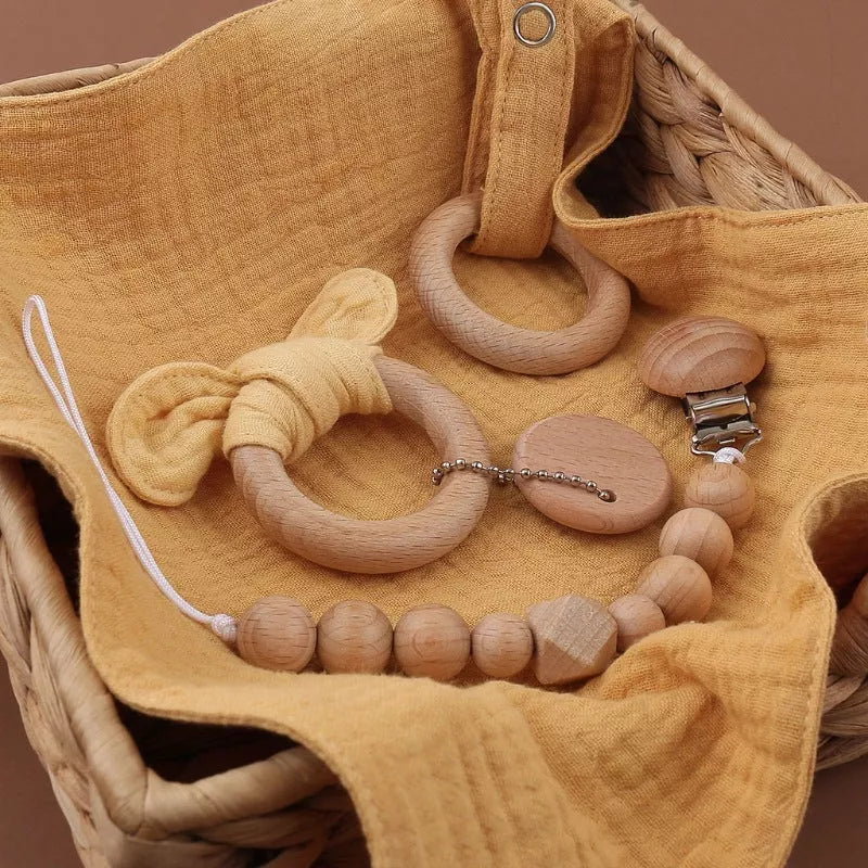 Natural cotton baby bath toy set with wooden rattle and comfort towel