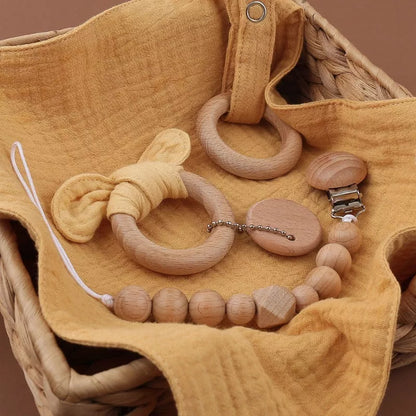 Natural cotton baby bath toy set with wooden rattle and comfort towel