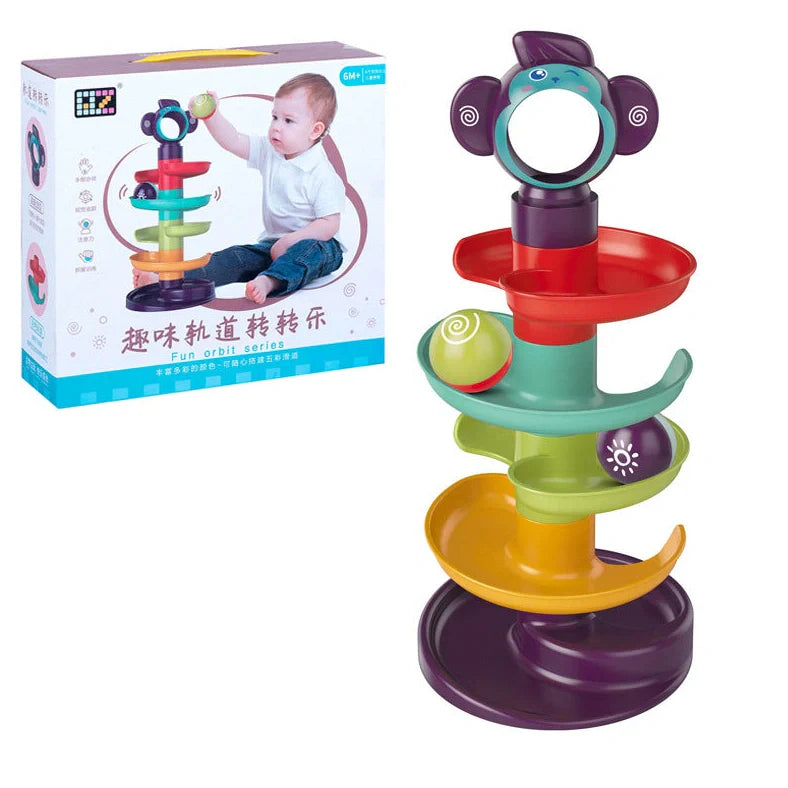 Children's railway Jenga building blocks with slide rotating table packaging showing music functions and 28cm measurement