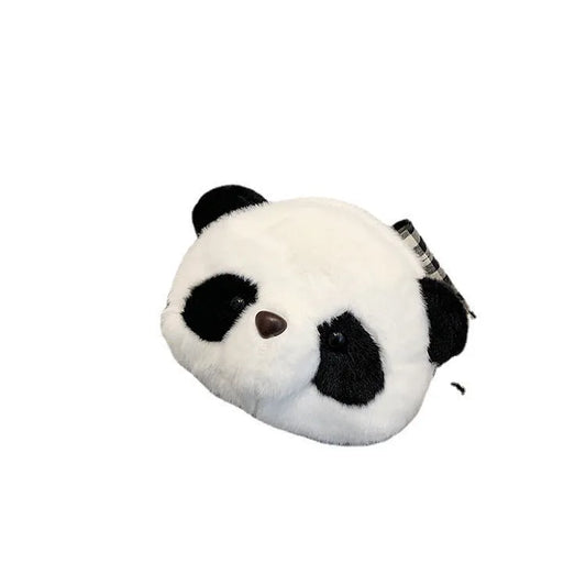 Plush panda head crossbody bag with cylindrical shape measuring 18x15x8cm, showing sandwich pocket and soft texture