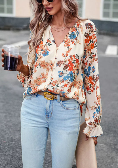 Women's floral print V-neck long sleeve chiffon blouse in black, blue, and apricot