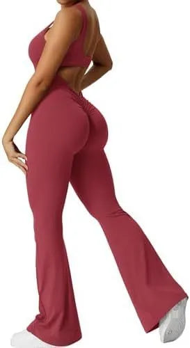 Women's sleeveless flare jumpsuit for yoga in high elasticity polyester fabric.