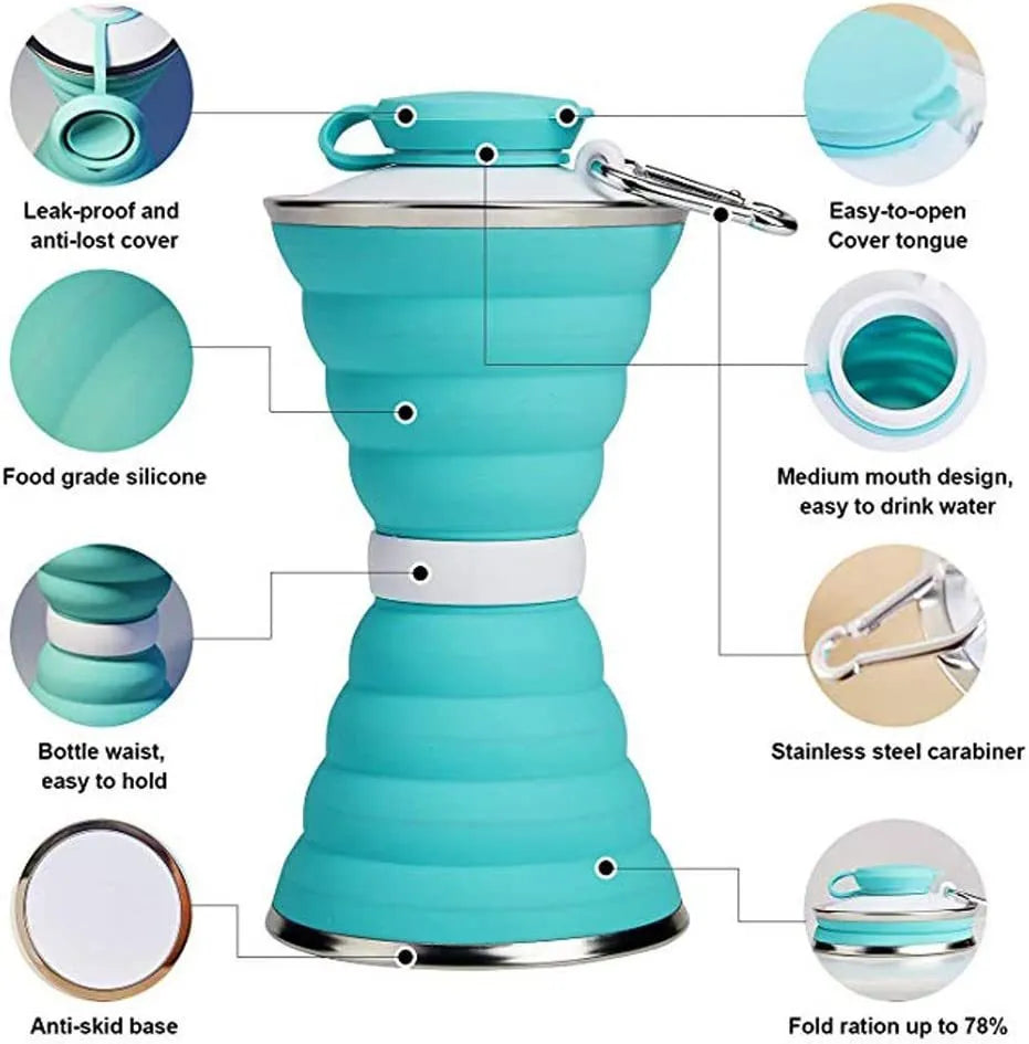 Collapsed and expanded states of a 500ml silicone water bottle with hook and hand rope.