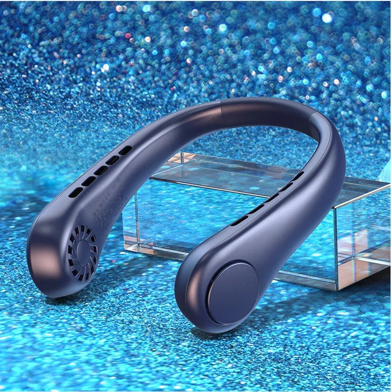 Stylish portable neck fan with bladeless design, adjustable speeds, and rechargeable battery for hands-free cooling