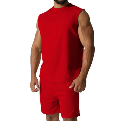 Men's sleeveless cotton blend sports suit set with shorts in multiple solid colour options