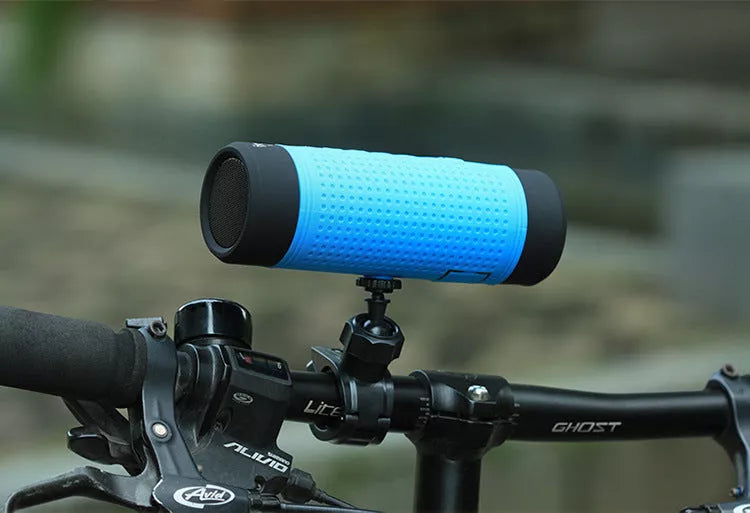 Mini bicycle outdoor Bluetooth speaker with flashlight and FM radio in blue, green, or grey