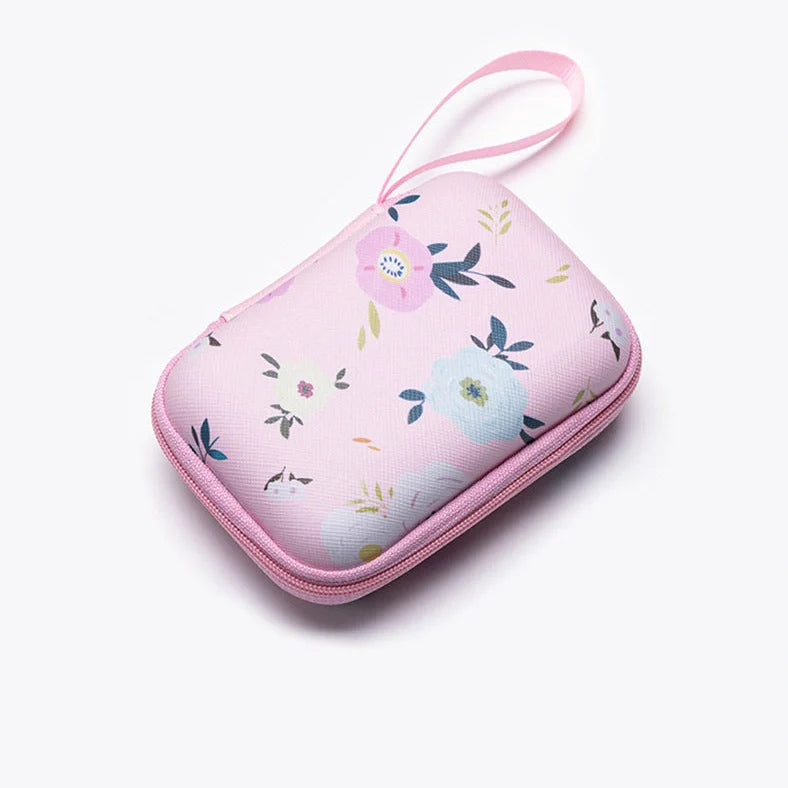 Square hard shell EVA cable storage bag with zipper, 11x8x4cm dimensions, showing Bunny Plaid design variant