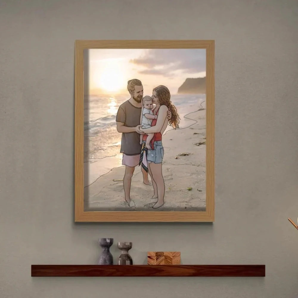 Personalised LED photo frame displaying custom black-and-white sketch with tri-colour lighting options