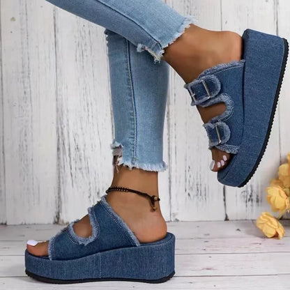 Women's denim buckle wedge sandals with thick foam sole in multiple colors