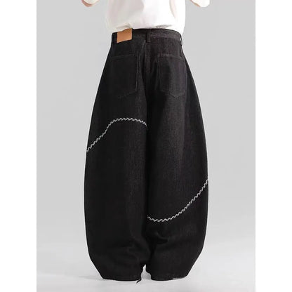 Black straight-leg polyester denim trousers with micro-elastic stretch and zip fly placket