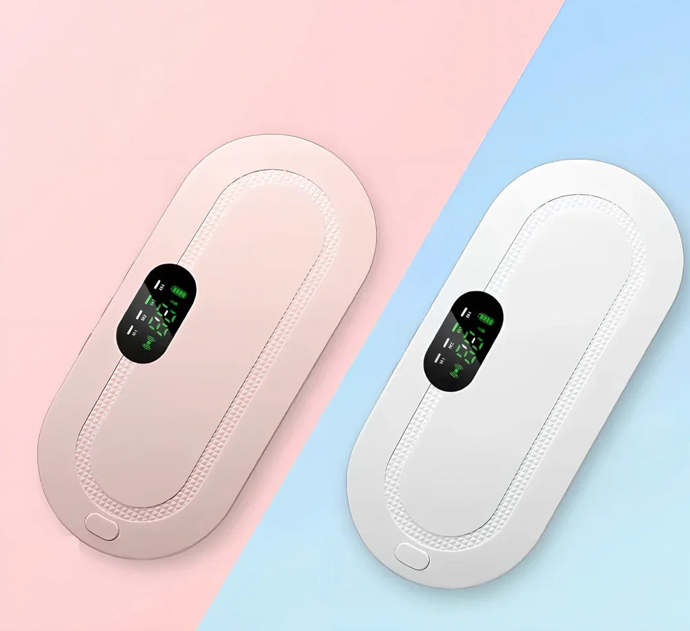 White electric heating belt with lumbar support showing USB connection and control buttons