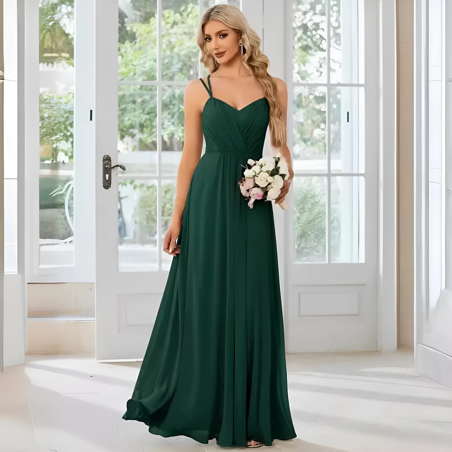 Women's sleeveless long dress with sling neckline and pleated A-line skirt in a solid colour.