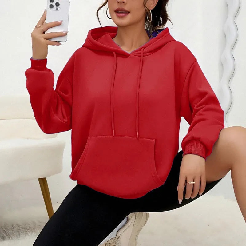 Women's loose grey sweatshirt with drawstring neck and front pocket, long sleeves, available in 17 colours