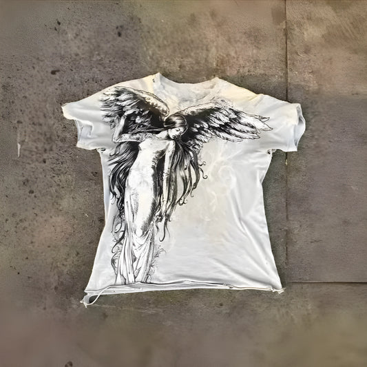 Men's grey black gothic short sleeve t-shirt with a cartoon pattern print on the front.
