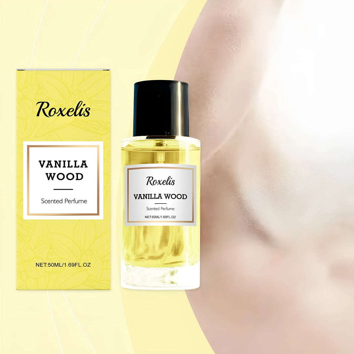 50ml glass spray bottle of vanilla, ebony bark, and musk extract perfume.