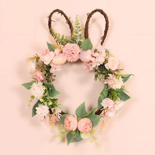 Easter chrysanthemum rabbit wreath measuring 35x45cm with silk flowers and plant teng base