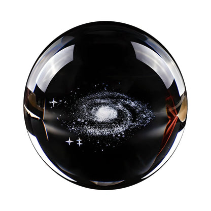 3D Decorative Crystal Galaxy Sphere with silver base, showcasing a detailed laser-etched representation of the Milky Way galaxy