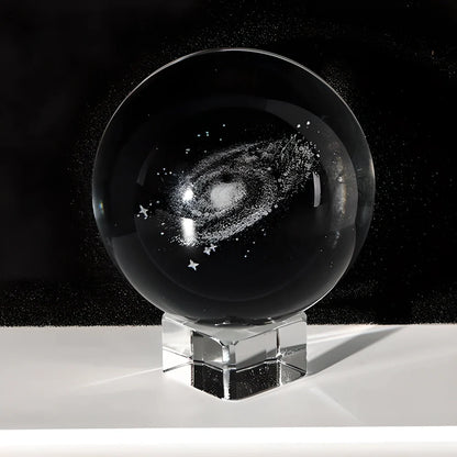 3D Decorative Crystal Galaxy Sphere with silver base, showcasing a detailed laser-etched representation of the Milky Way galaxy