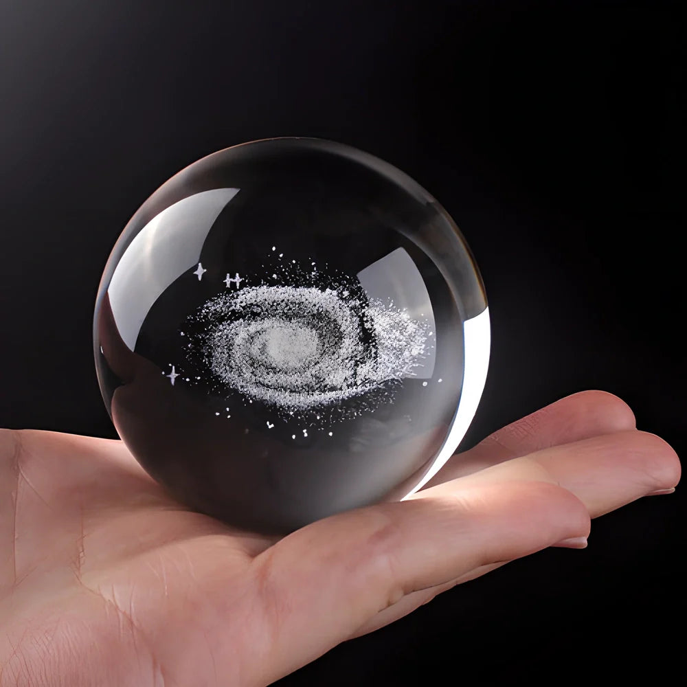 3D Decorative Crystal Galaxy Sphere with silver base, showcasing a detailed laser-etched representation of the Milky Way galaxy