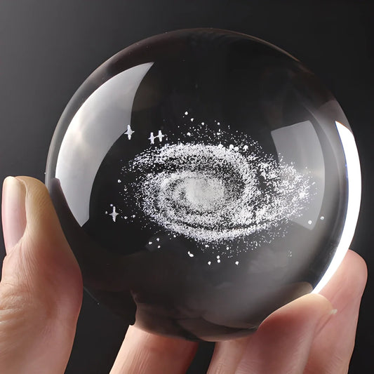3D Decorative Crystal Galaxy Sphere with silver base, showcasing a detailed laser-etched representation of the Milky Way galaxy