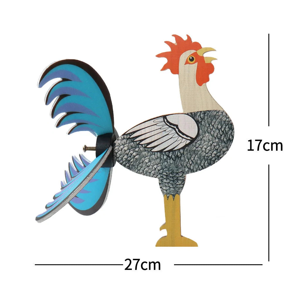 Handmade rooster windmill garden statue with vibrant colors and waterproof design