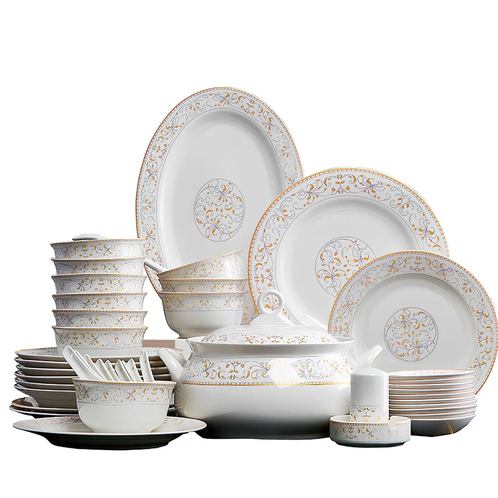 Bone china bowl and saucer set with overglaze rim patterns in Swan Lake design, 28-head configuration