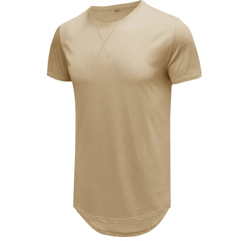 Men's slim fit cotton hip hop t-shirt in khaki colour, short sleeved, laid flat.