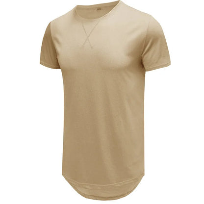 Men's slim fit cotton hip hop t-shirt in khaki colour, short sleeved, laid flat.