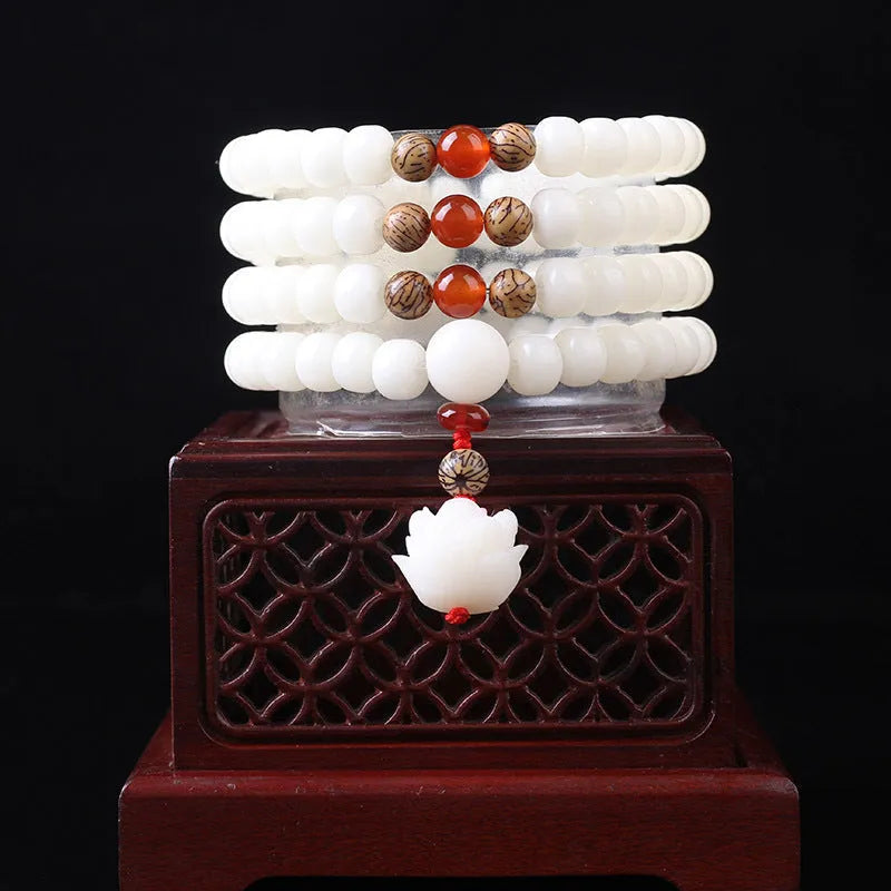 A long white jade Bodhi bead bracelet with 6x8mm beads, shown in various style options including cloisonne and lotus designs.