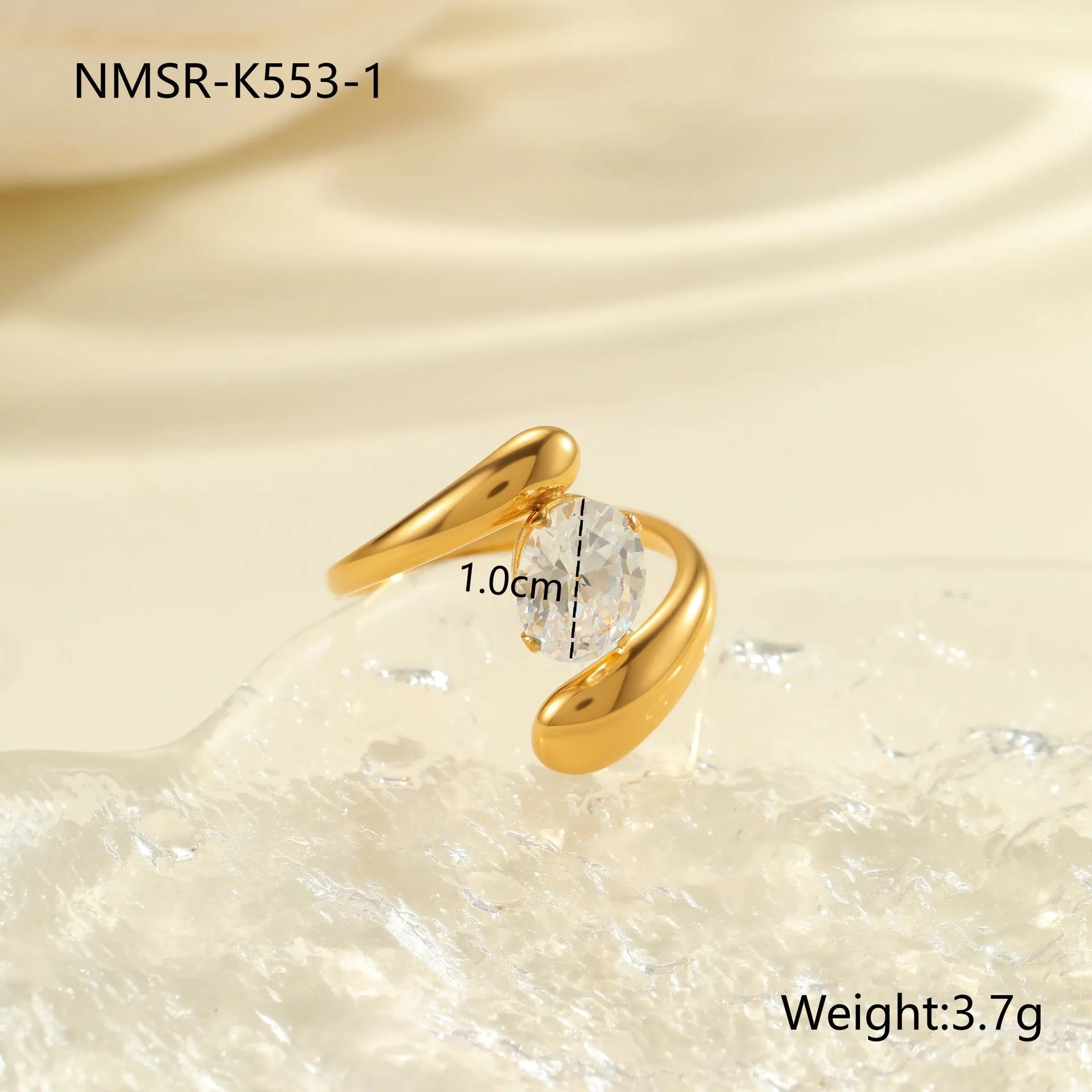 Geometric zircon ring showing round, oval and quadrangular design elements in stainless steel with electroplated finish