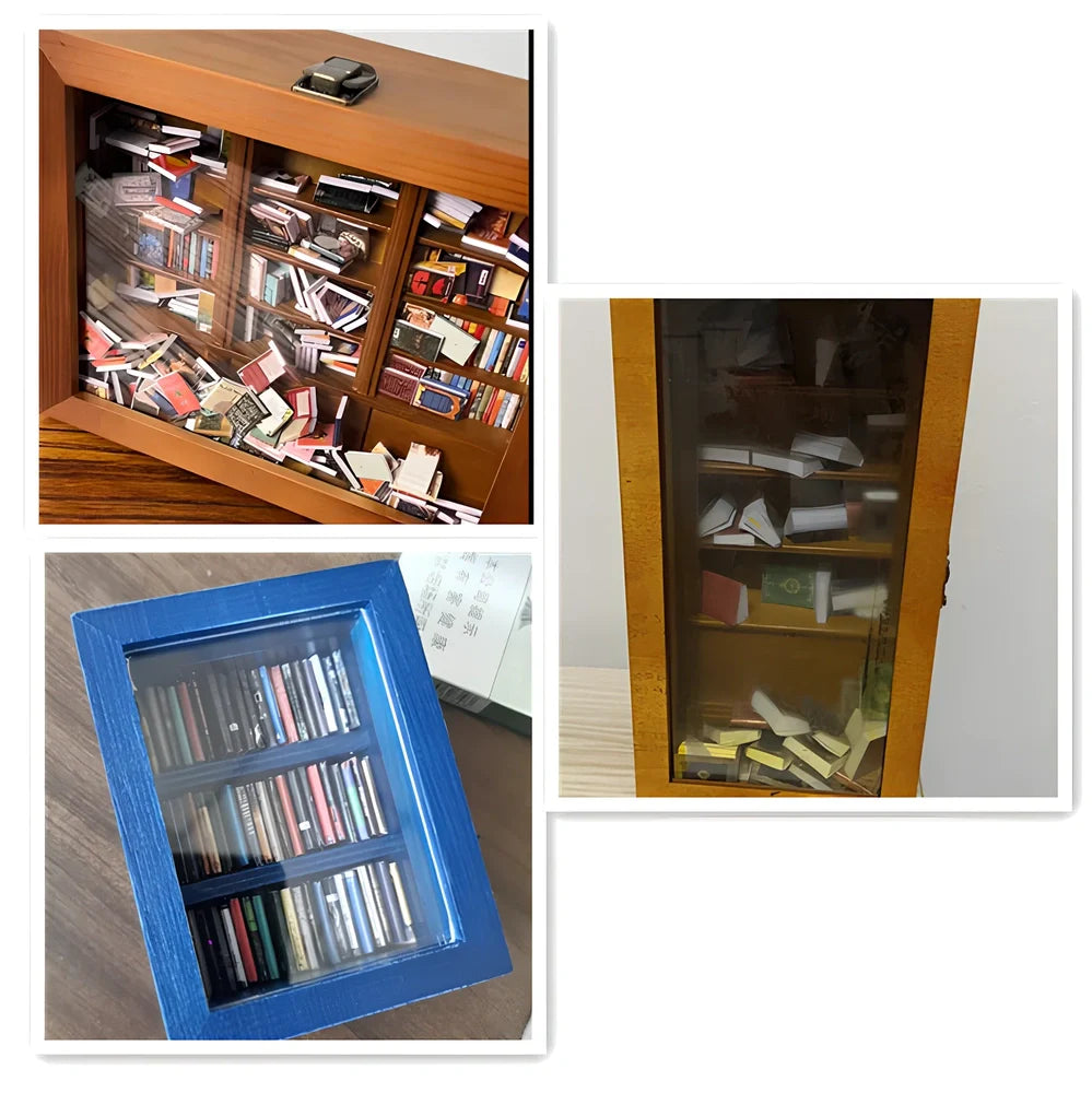 Wooden antique finish bookshelf ornament with 200 small books, 25.4 cm tall for decompression