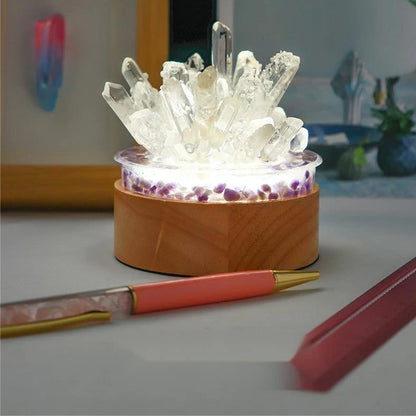 White natural crystal night light measuring 10x8.5cm with USB cable