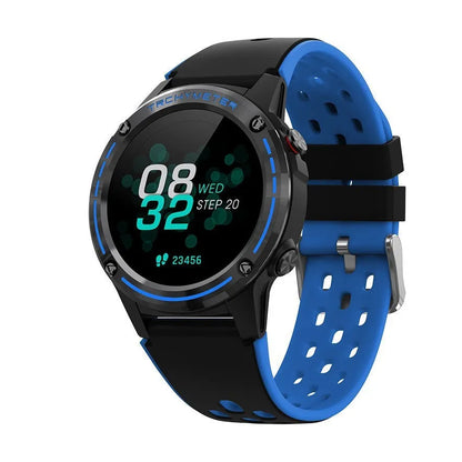 GPS smart watch with a square blue silicone strap on a wrist