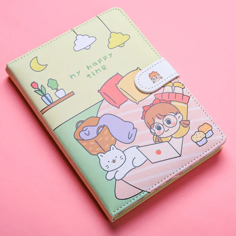Small white Kaba Bear Hippo notebook with magnetic buckle, girl heart design, showing 224 pages and PU cover.