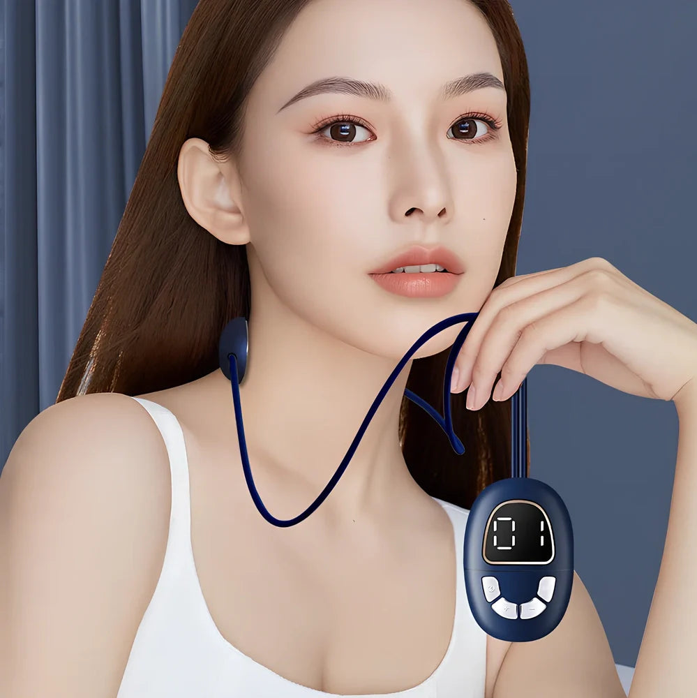 Blue mini cervical spine massage device with hanging neck design and four massage contacts for pulse therapy