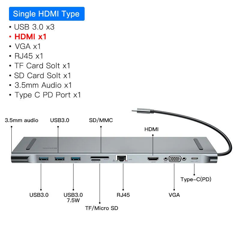 Grey aluminium alloy ten-port docking station with cooling bracket showing HDMI, VGA and USB ports