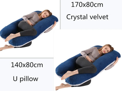Large U-shaped pregnancy support pillow with removable cover and abdominal support belt.