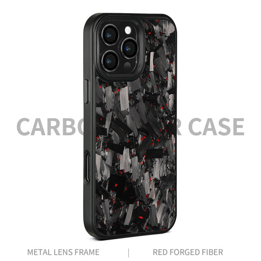Carbon fibre mobile phone protective shell with forged pattern metal frame and magnetic attachment for iPhone 17