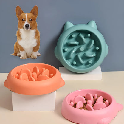 PP plastic slow feeder dog bowl with bone-shaped obstacles in green, pink or orange