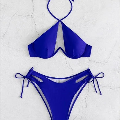Women's halter neck bikini in solid colour with briefs-style bottoms
