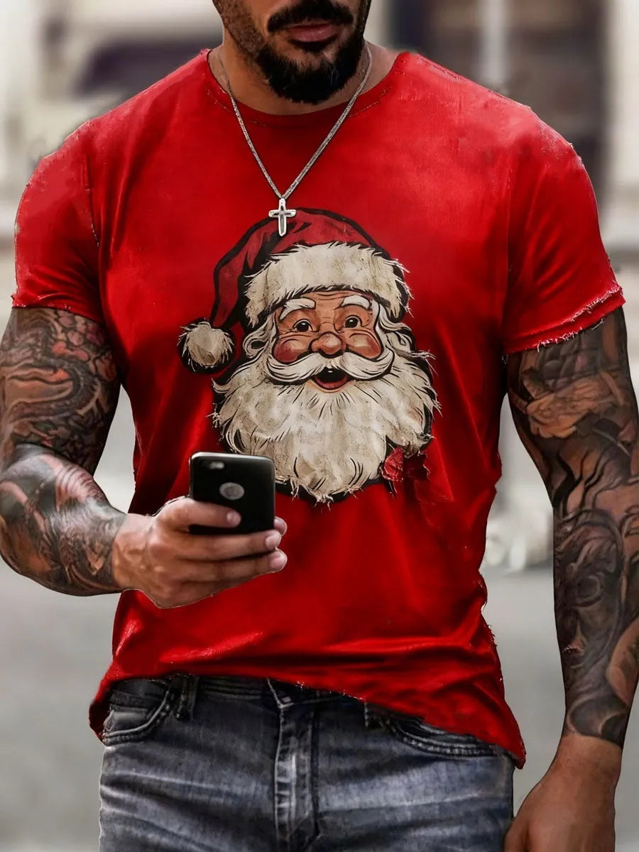 Red men's Santa Claus 3D digital print short-sleeve polyester T-shirt, sizes XS to 6XL