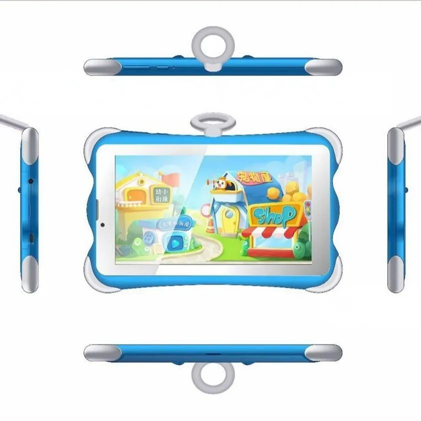 A 7-inch children's learning tablet in a cartoon colour, shown with its stand, charger, and cable.