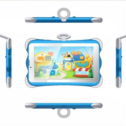 A 7-inch children's learning tablet in a cartoon colour, shown with its stand, charger, and cable.