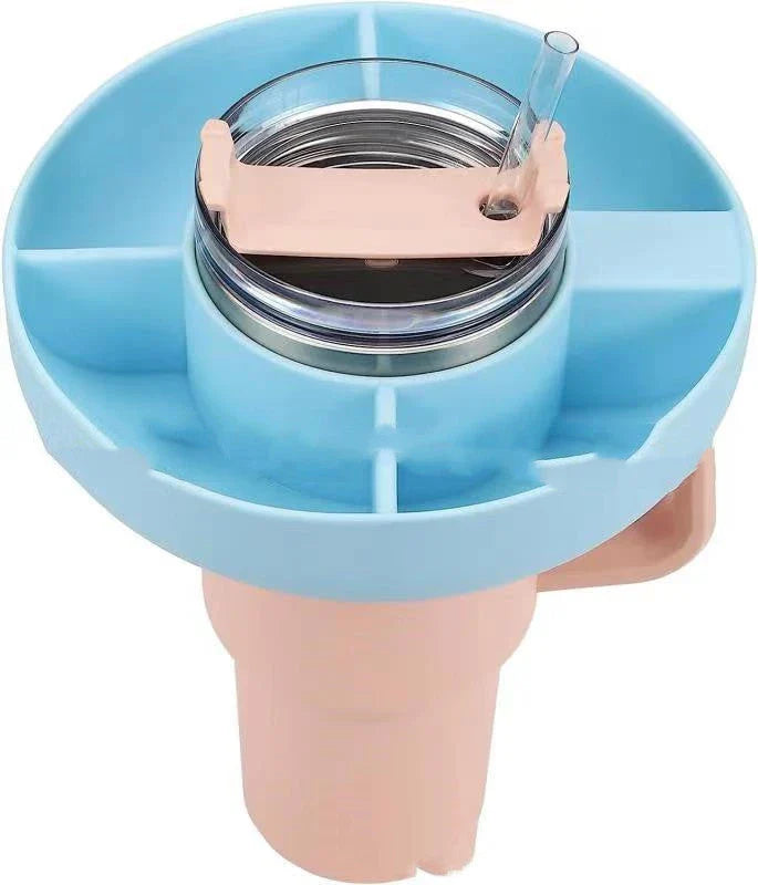 Versatile Silicone Snack Tray with four compartments, designed to attach to 40oz Stanley cups for convenient on-the-go snacking