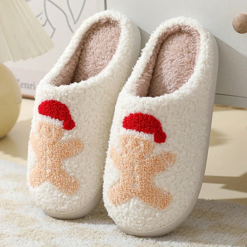 Cozy Christmas slippers in festive designs of Santa Claus, Moose, and Gingerbread Man