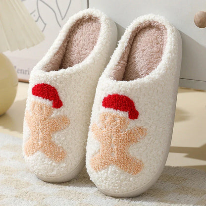 Cozy Christmas slippers in festive designs of Santa Claus, Moose, and Gingerbread Man